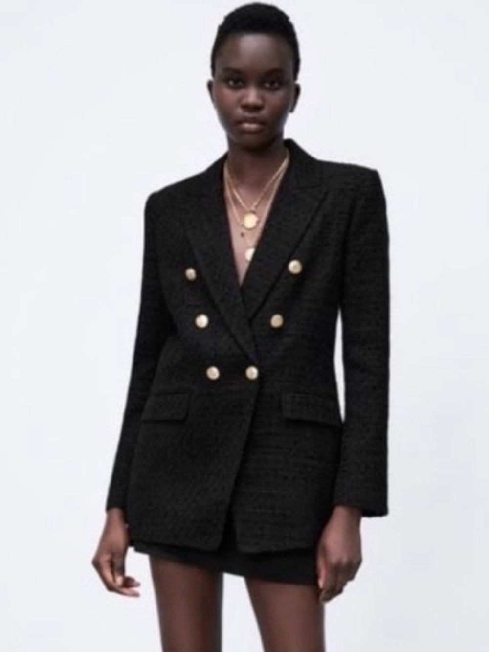 Zara Black Double-Breasted Blazer with Gold Buttons
